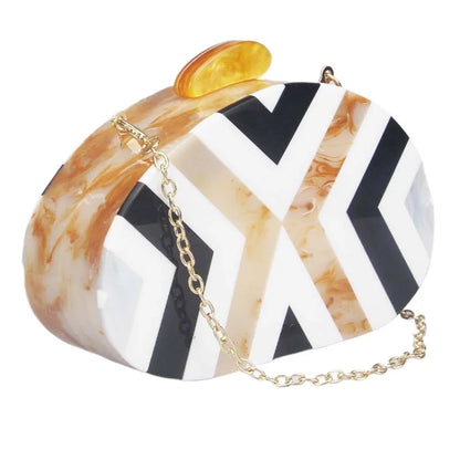 Oval Pearl Box Clutch Bag - Patchwork Chain Design