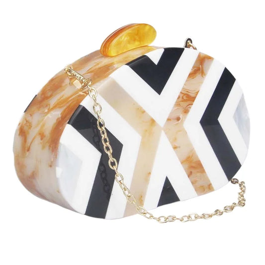 Oval Pearl Box Clutch Bag - Patchwork Chain Design
