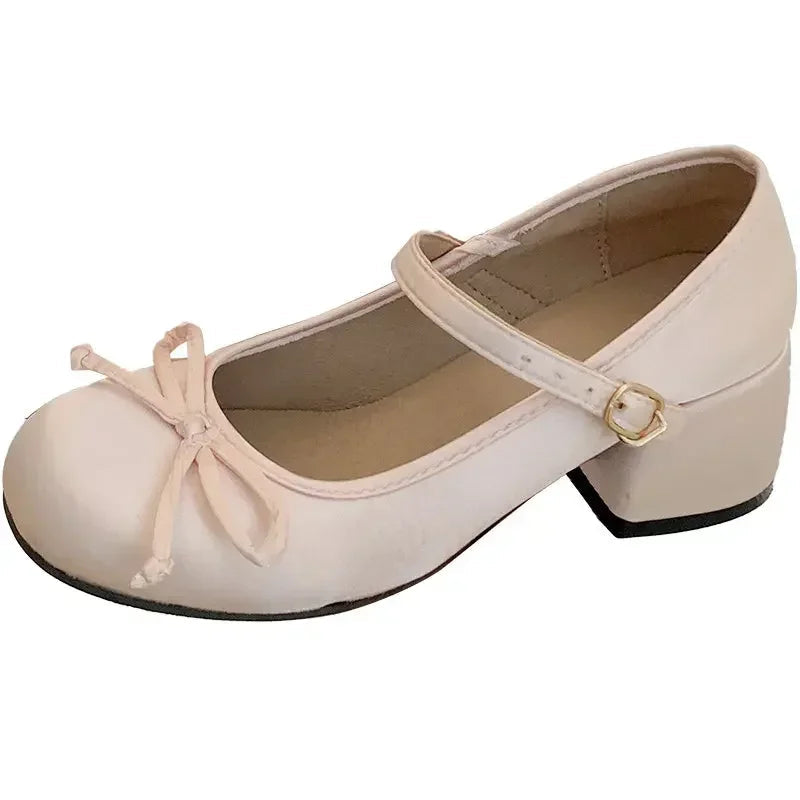Round Toe Mary Jane Mid Heel Pumps