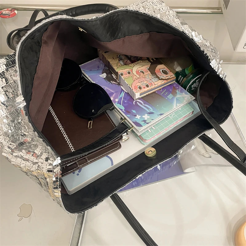 Sequined Underarm Evening Tote - Large Capacity