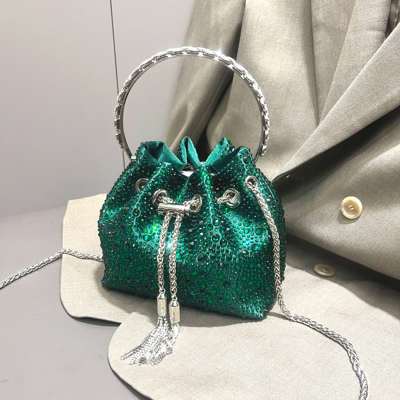 Rhinestone Evening Clutch Bag - Shimmer Handle Detail