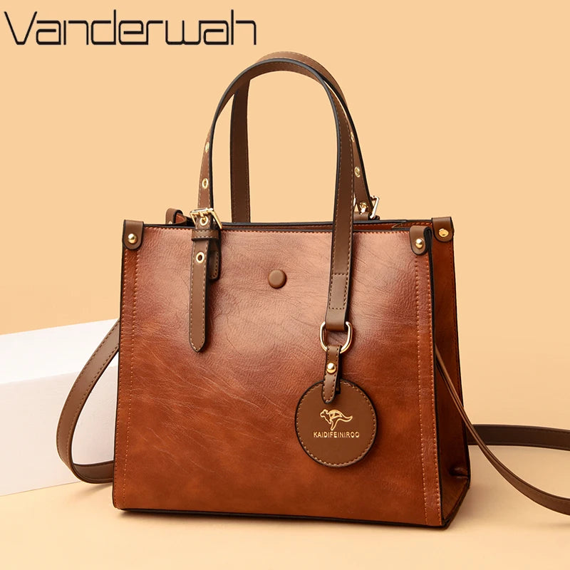 Vintage Three-Layer Leather Tote Bag - Everyday Carry