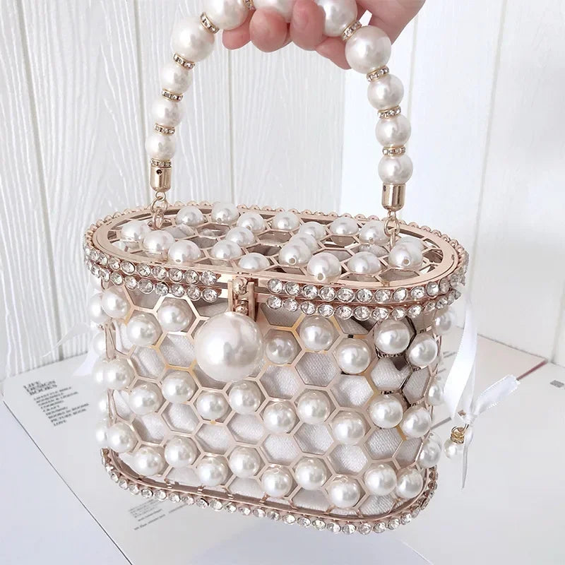 Pearl Evening Crossbody Bag - Metallic Diamond Accent