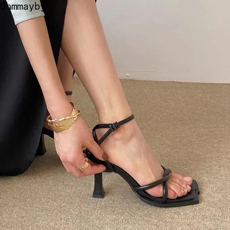 Square Toe Narrow Band Heel Sandals
