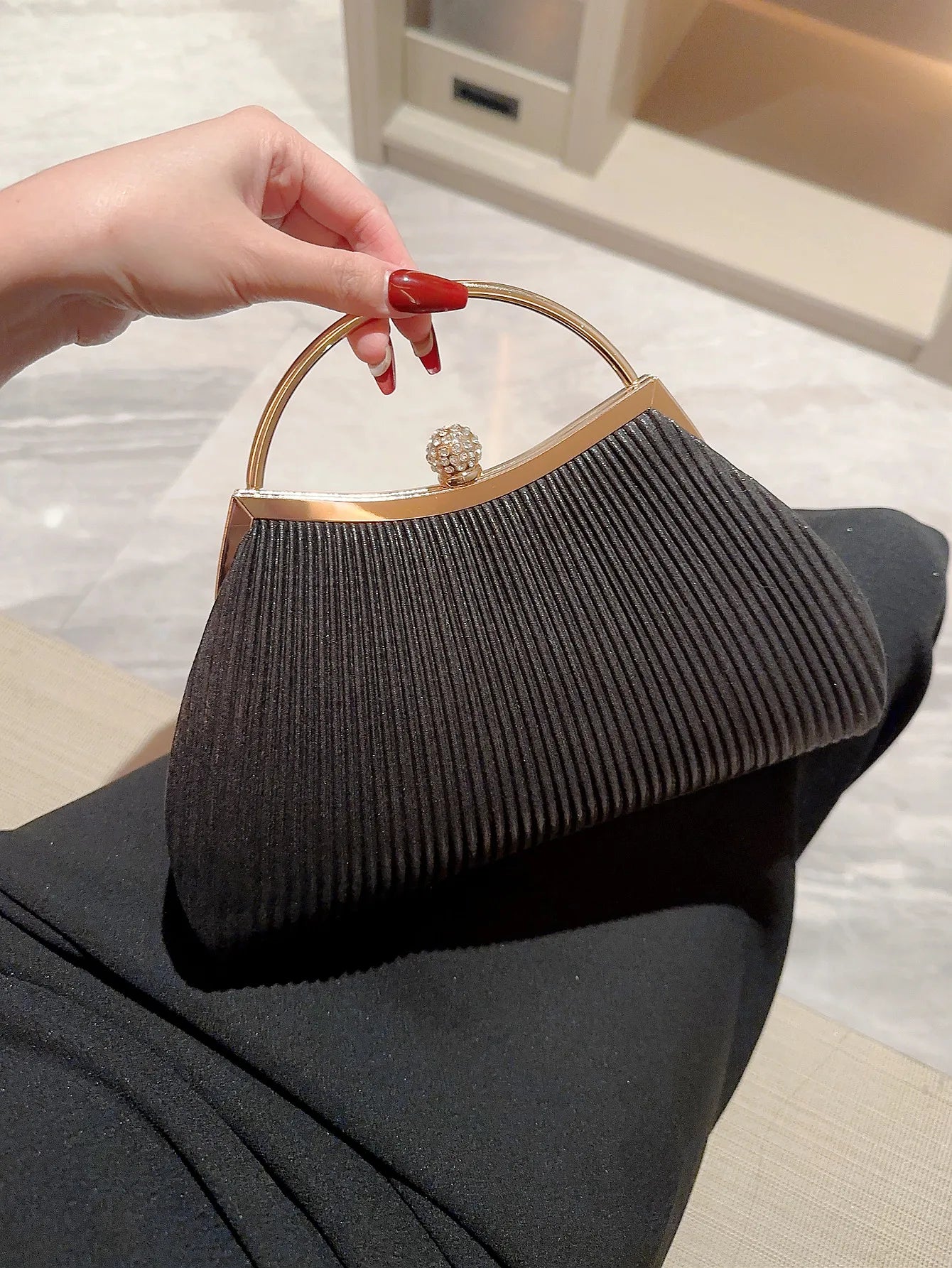 Pleated Rhinestone Evening Handbag - Shiny Classic