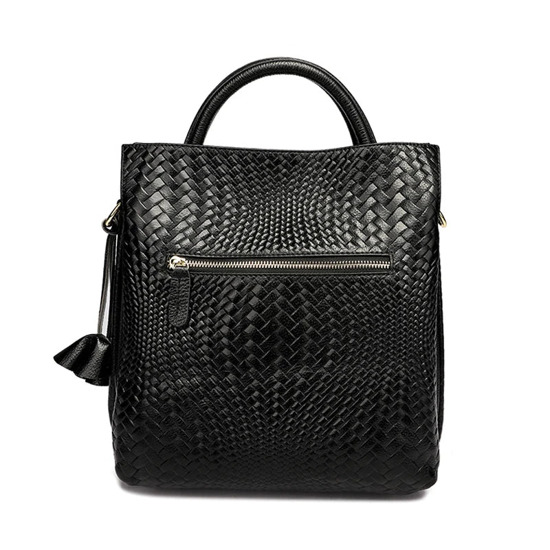 Woven Cowhide Handbag - Black Commuter Tote