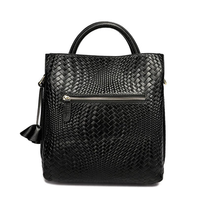 Woven Cowhide Handbag - Black Commuter Tote
