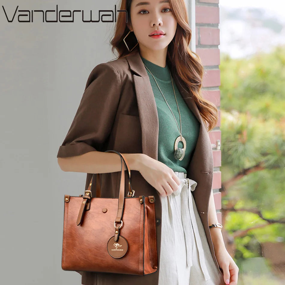 Vintage Three-Layer Leather Tote Bag - Everyday Carry