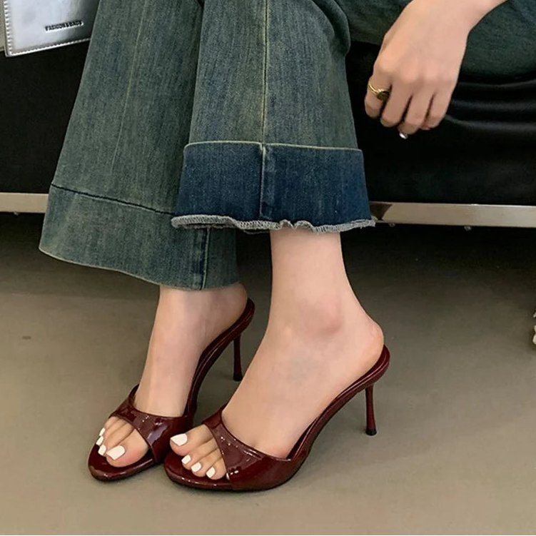 Patent Leather Open-Toe Mule Slide Heels